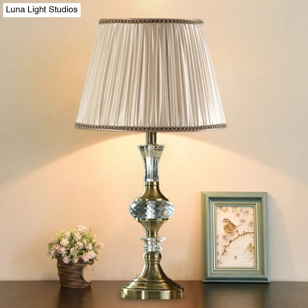 Beige Fabric Night Stand Lamp With Pleated Tapered Shade And Crystal Balls - Traditional Table Light