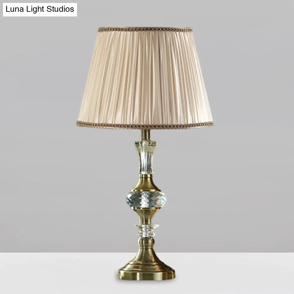 Beige Fabric Night Stand Lamp With Pleated Tapered Shade And Crystal Balls - Traditional Table Light