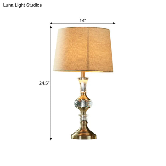 Beige Fabric Night Stand Lamp With Pleated Tapered Shade And Crystal Balls - Traditional Table Light