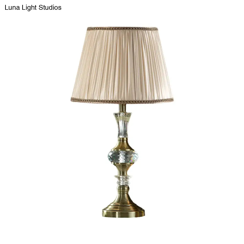 Beige Fabric Night Stand Lamp With Pleated Tapered Shade And Crystal Balls - Traditional Table Light