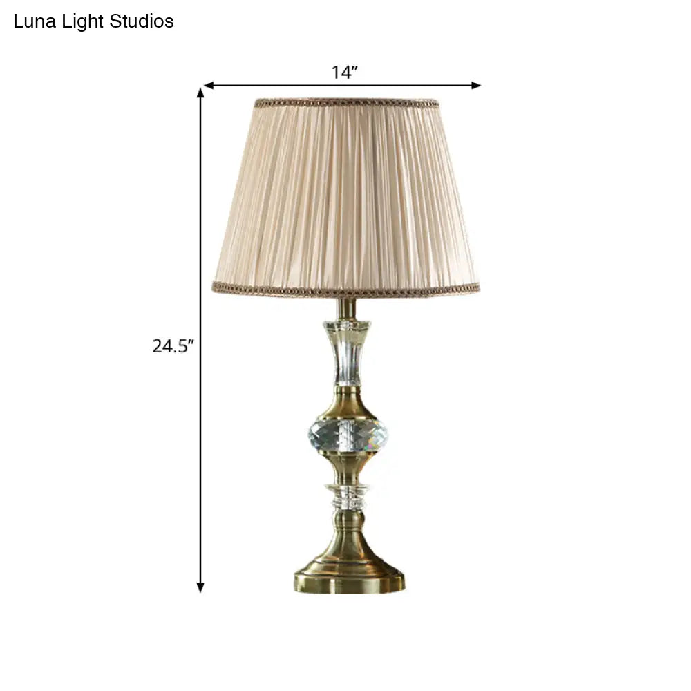 Beige Fabric Night Stand Lamp With Pleated Tapered Shade And Crystal Balls - Traditional Table Light