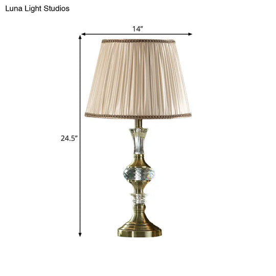 Beige Fabric Night Stand Lamp With Pleated Tapered Shade And Crystal Balls - Traditional Table Light