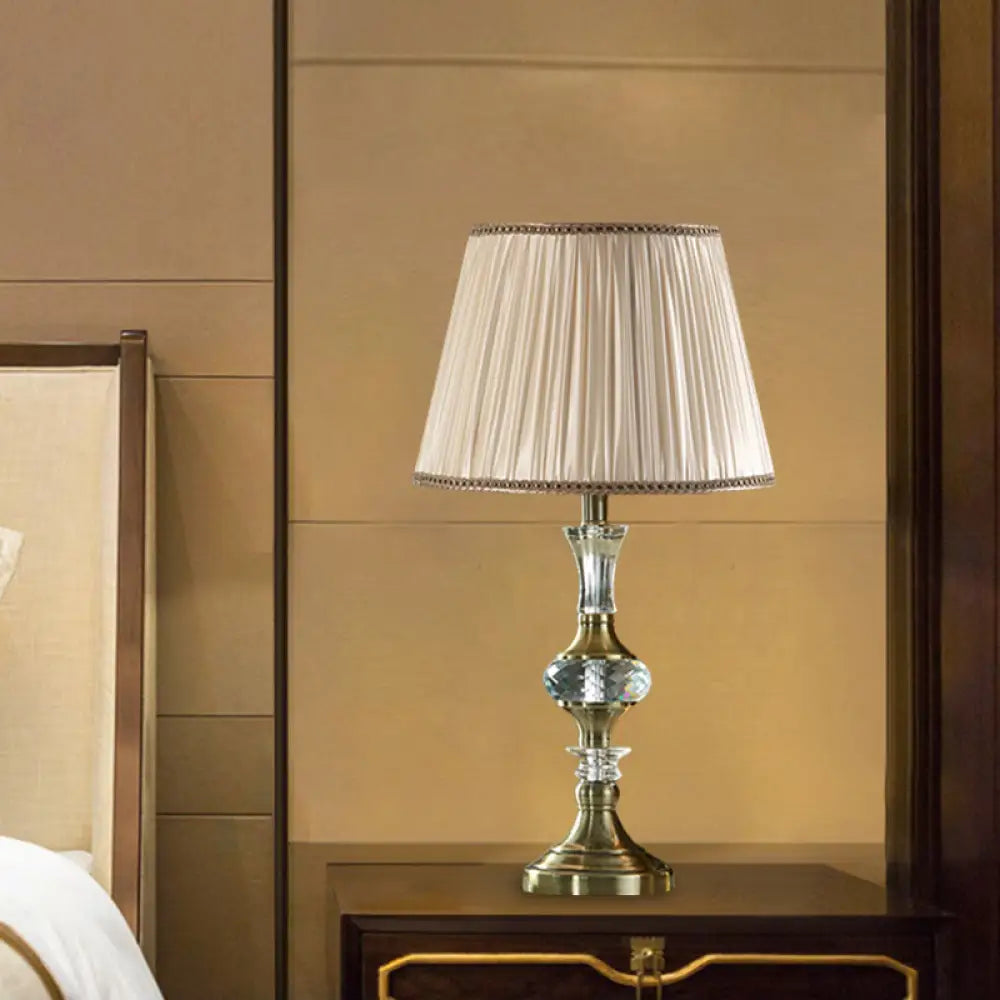 Beige Fabric Night Stand Lamp With Pleated Tapered Shade And Crystal Balls - Traditional Table Light