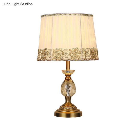 Beige Fabric Table Lamp - Minimalist Tapered Drum Design With Crystal Base