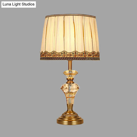 Beige Fabric Table Lamp - Minimalist Tapered Drum Design With Crystal Base