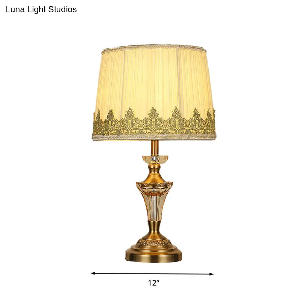 Beige Fabric Table Lamp - Minimalist Tapered Drum Design With Crystal Base