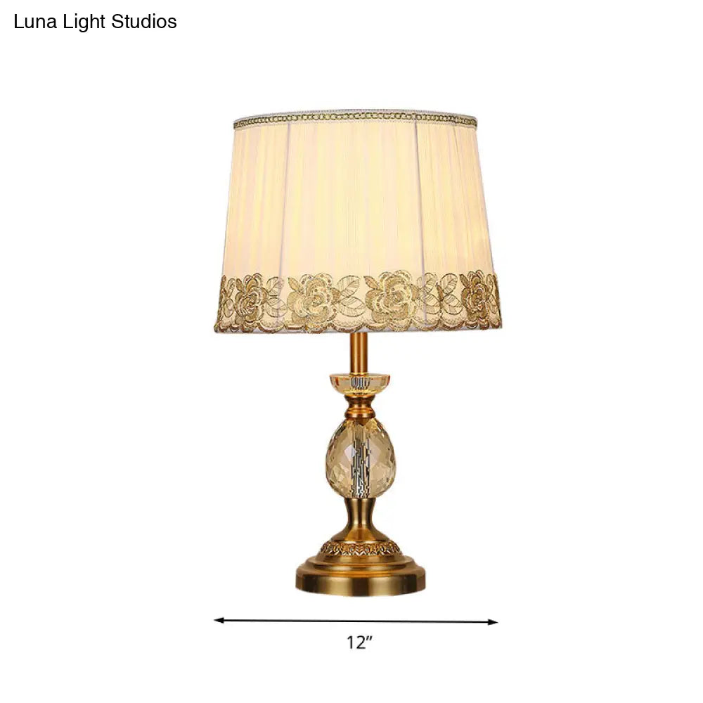 Beige Fabric Table Lamp - Minimalist Tapered Drum Design With Crystal Base