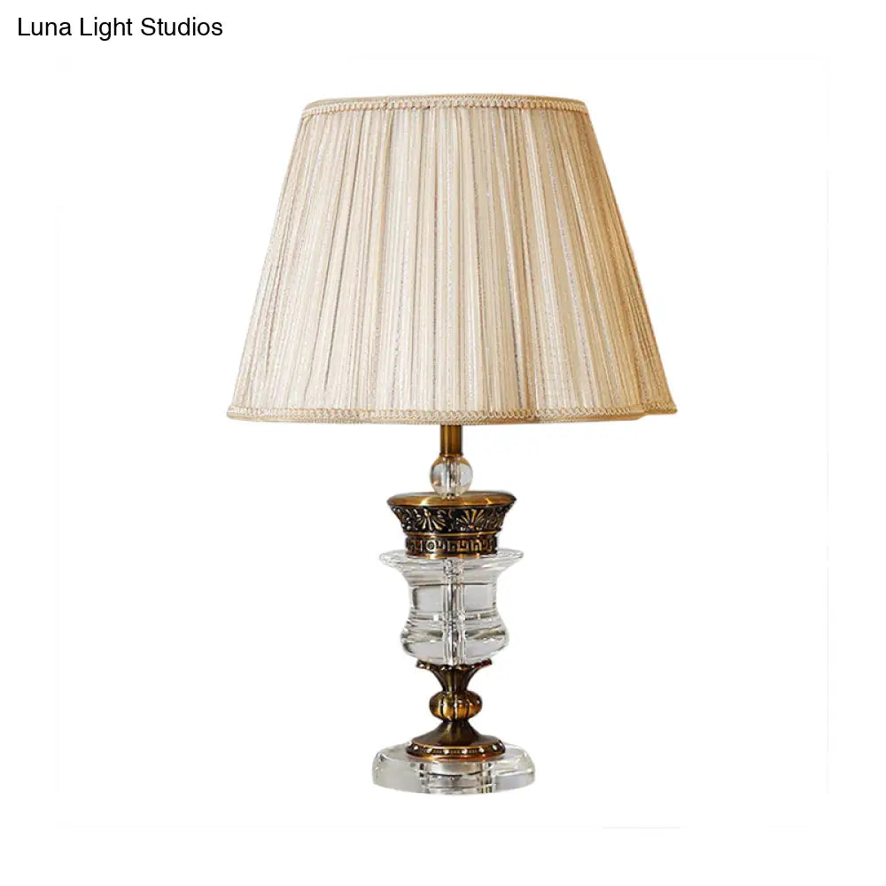 Beige Fabric Table Lamp With Crystal Base - Single Bulb Tapered Night Light Traditional Style