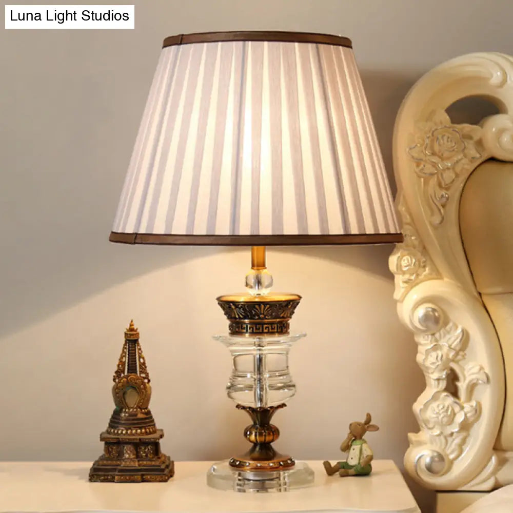 Beige Fabric Table Lamp With Crystal Base - Single Bulb Tapered Night Light Traditional Style