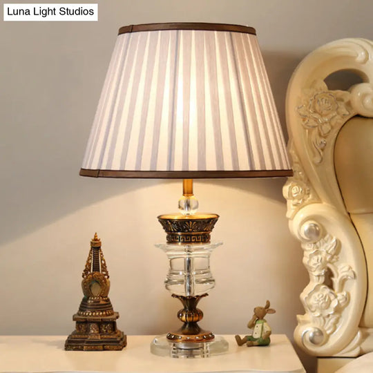 Beige Fabric Table Lamp With Crystal Base - Single Bulb Tapered Night Light Traditional Style