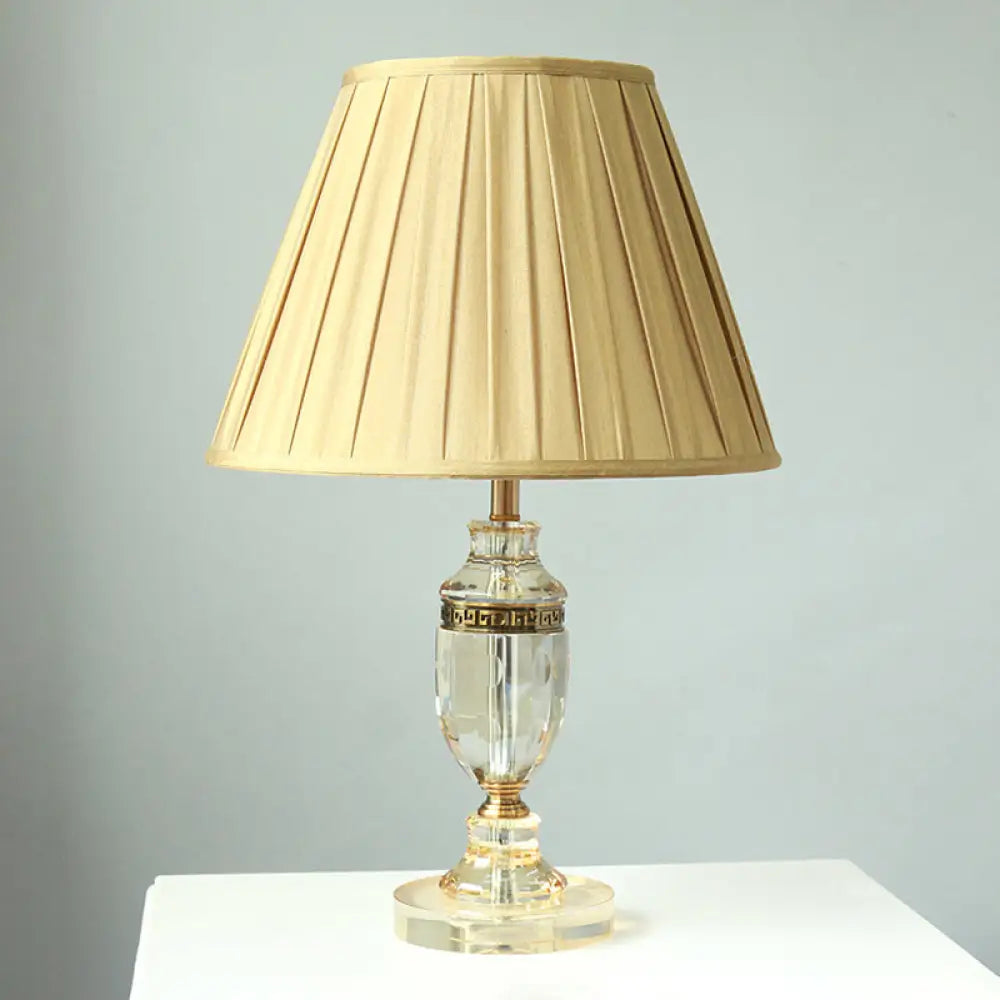 Beige Fabric Table Lamp With Gathered Empire Shade And Crystal Base - Countryside Night Light