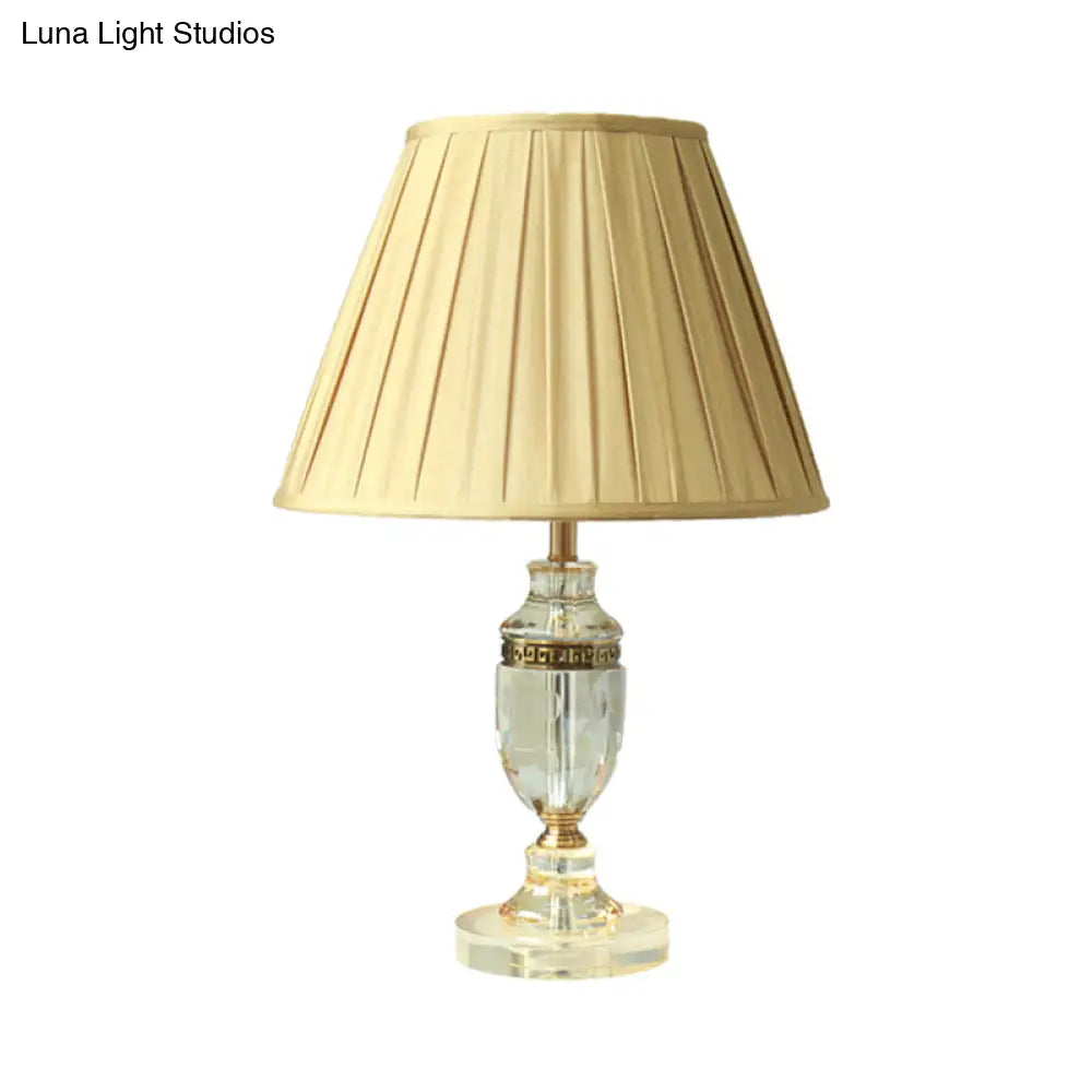 Beige Fabric Table Lamp With Gathered Empire Shade And Crystal Base - Countryside Night Light