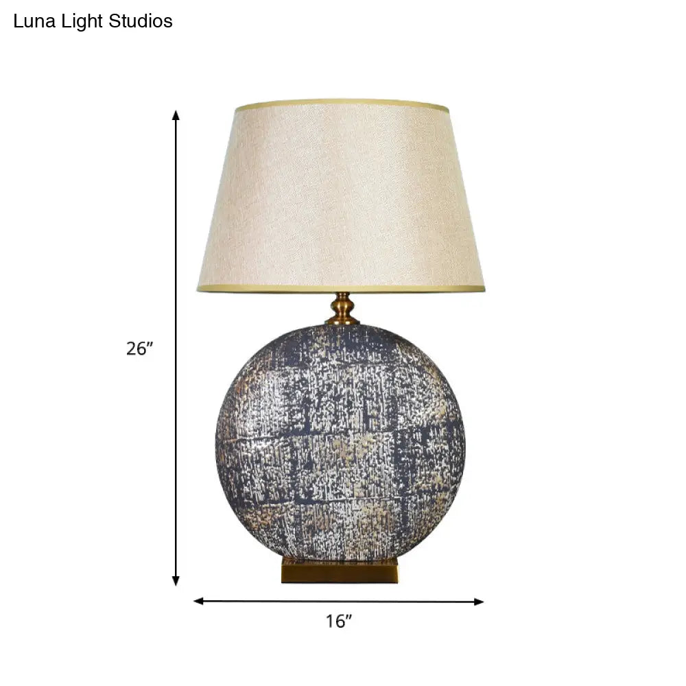 Beige Fabric Tapered Table Lamp For Living Room Nightstand With Distressed Round Base