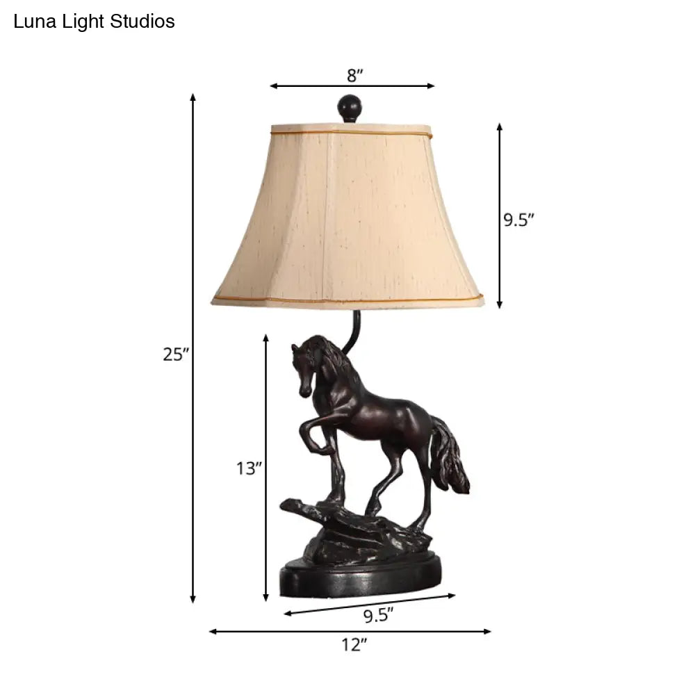 Beige Fabric Tower Reading Light - Rustic 1-Light Task Lighting For Bedroom With Horse