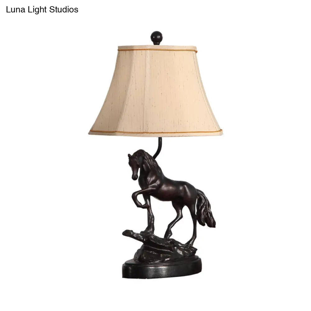 Beige Fabric Tower Reading Light - Rustic 1-Light Task Lighting For Bedroom With Horse