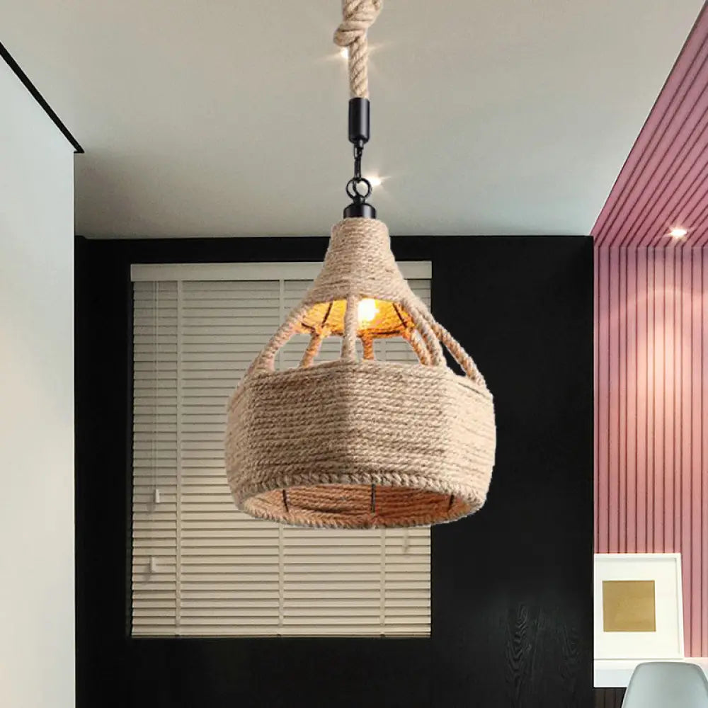 Beige Farmhouse Ceiling Light With Rope Detail - 1-Bulb Pendant Lamp For Coffee Shops 8’ Or 15’