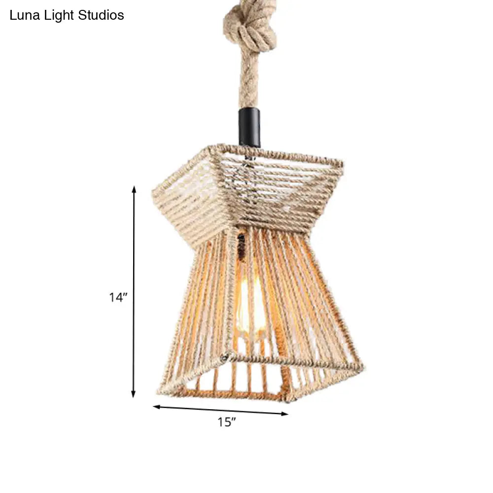 Beige Farmhouse Ceiling Light With Rope Detail - 1-Bulb Pendant Lamp For Coffee Shops 8’ Or 15’ Wide