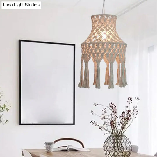 Beige Flared Suspension Light With Natural Rope Design - 1 Head Pendant For Dining Room Lighting