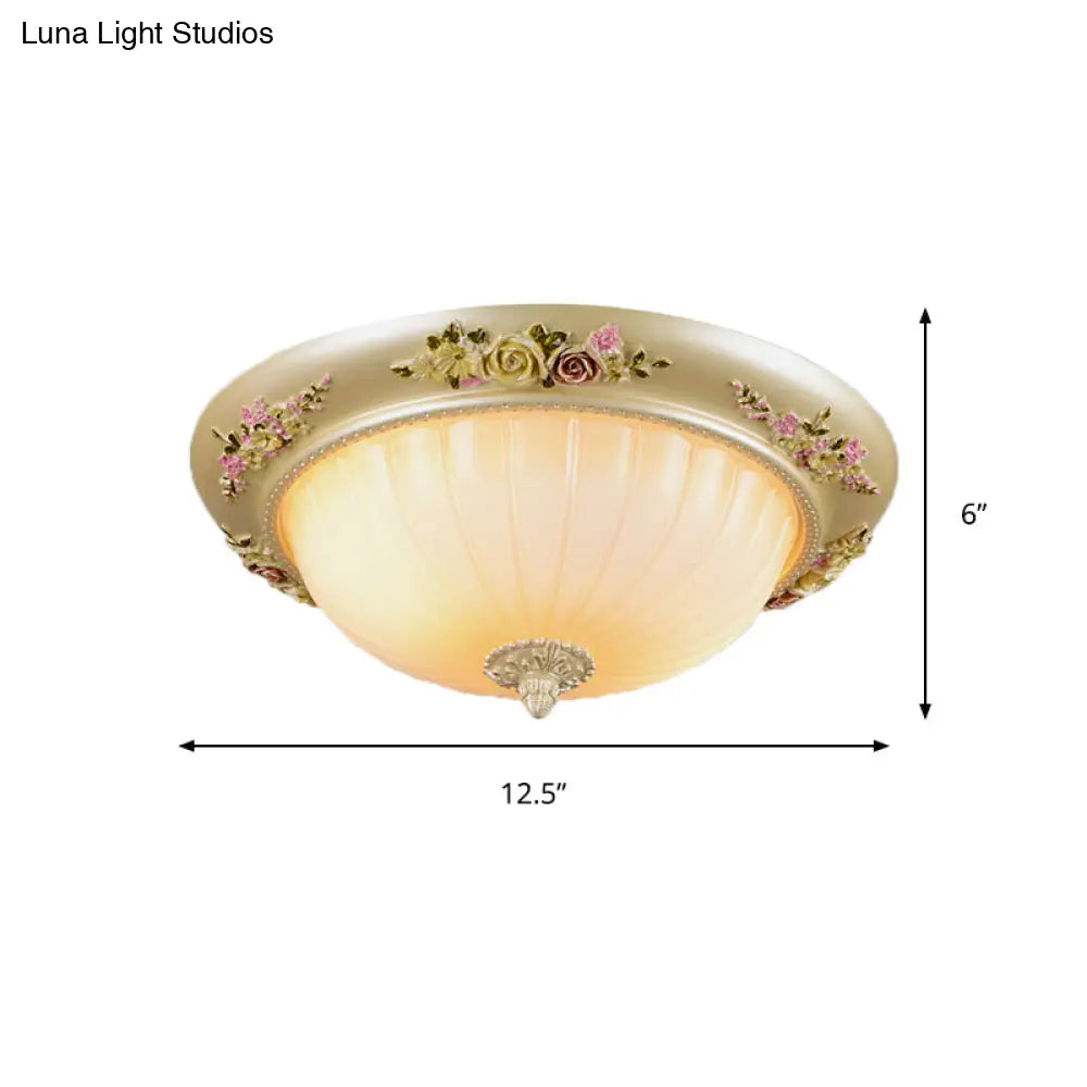 Beige Fluted Glass Flush Light Farmhouse Ceiling Lighting 2/3-Head 12.5/14.5/19 Width