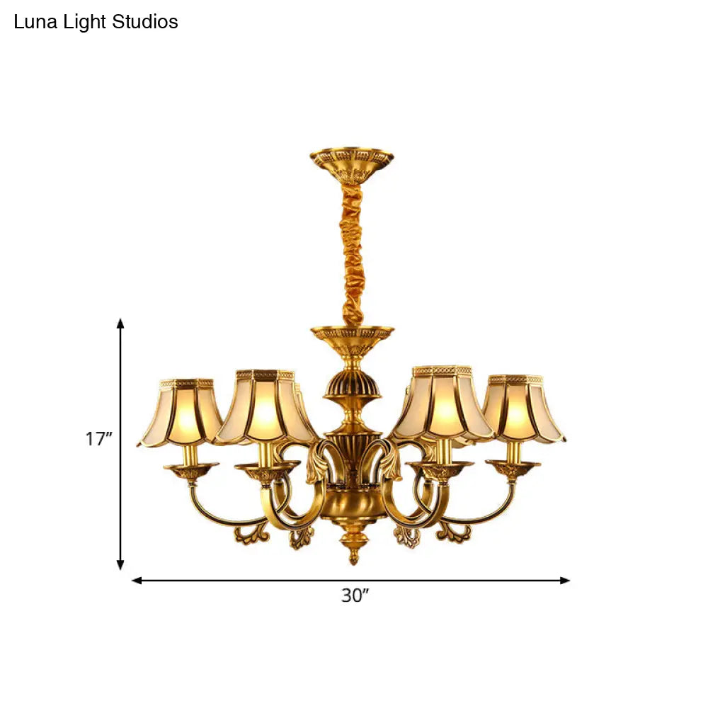 Beige Frosted Glass Pendant Chandelier - Colonial Gold Finish Scalloped Living Room Suspension