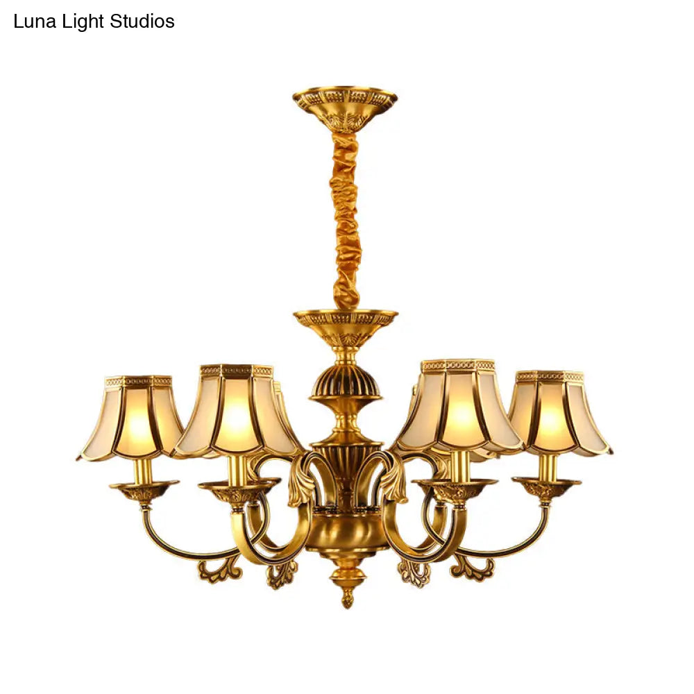 Beige Frosted Glass Pendant Chandelier - Colonial Gold Finish Scalloped Living Room Suspension