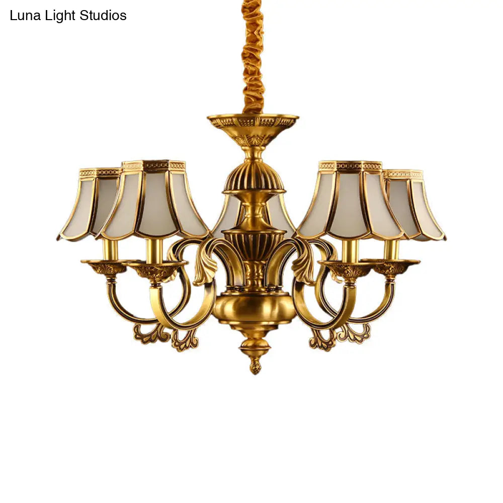 Beige Frosted Glass Pendant Chandelier - Colonial Gold Finish Scalloped Living Room Suspension