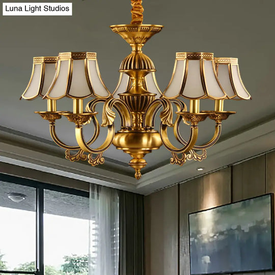 Beige Frosted Glass Pendant Chandelier - Colonial Gold Finish Scalloped Living Room Suspension