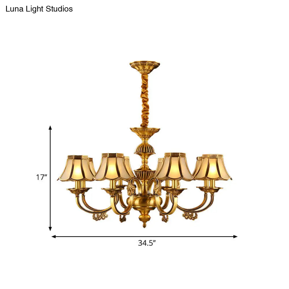 Beige Frosted Glass Pendant Chandelier - Colonial Gold Finish Scalloped Living Room Suspension