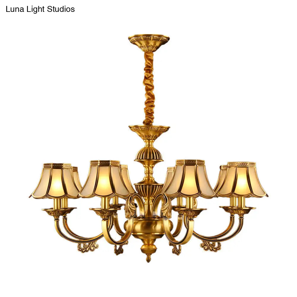 Beige Frosted Glass Pendant Chandelier - Colonial Gold Finish Scalloped Living Room Suspension