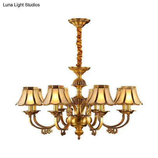 Beige Frosted Glass Pendant Chandelier - Colonial Gold Finish Scalloped Living Room Suspension