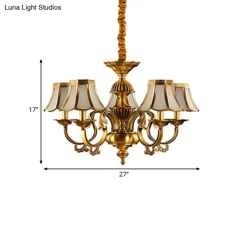 Beige Frosted Glass Pendant Chandelier - Colonial Gold Finish Scalloped Living Room Suspension