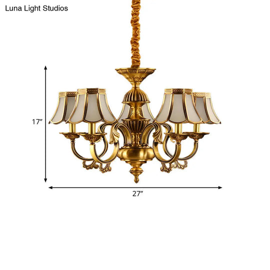 Beige Frosted Glass Pendant Chandelier - Colonial Gold Finish Scalloped Living Room Suspension