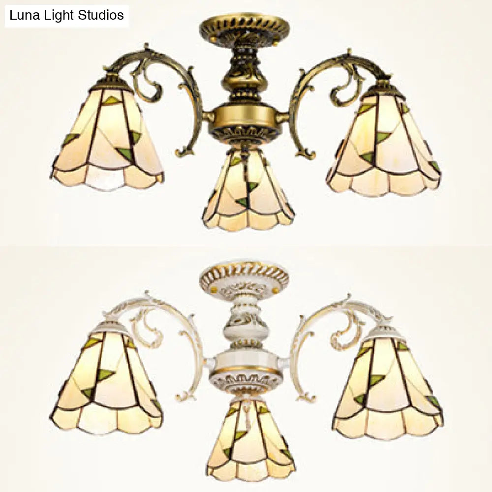 Beige Glass 3-Light Semi Flush Lamp In White/Antique Brass For Dining Room