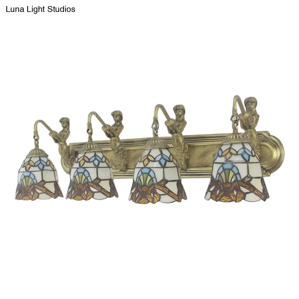 Beige Glass Bell Sconce Lighting With Baroque Brass Wall Mount - 4 Heads Mermaid Decoration