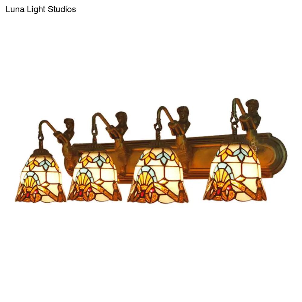 Beige Glass Bell Sconce Lighting With Baroque Brass Wall Mount - 4 Heads Mermaid Decoration