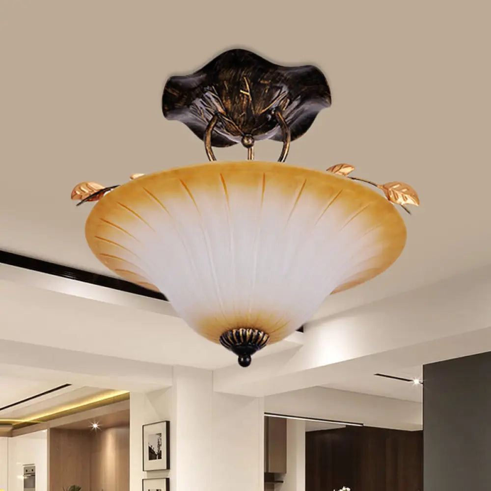 Beige Glass Bowl/Bell Semi Mount Ceiling Light - Country Style 3-Light Fixture For Living Room / B