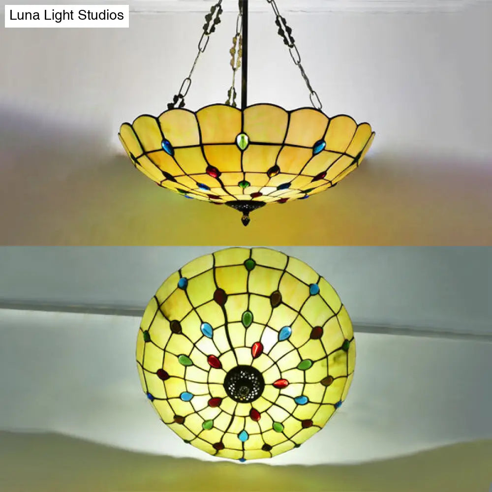 Beige Glass Bowl Pendant Light - Tiffany Chandelier With Colorful Bead Multiple Sizes For Corridor