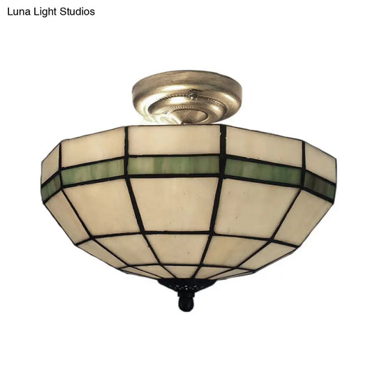 Traditional Beige Glass Bowl Indoor Semi Flush Light For Living Room