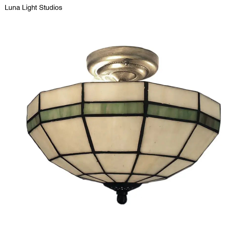 Beige Glass Bowl Semi Flushmount Indoor Light For Living Room - Traditional Style
