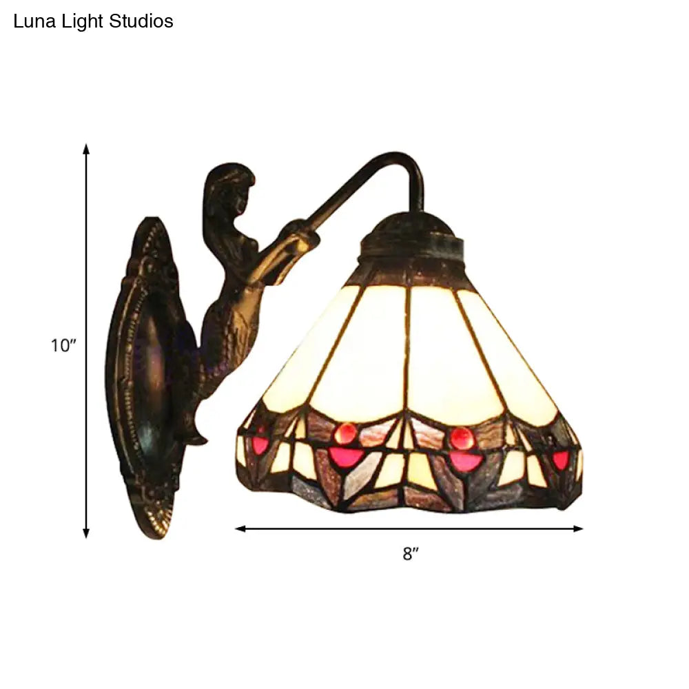 Beige Glass Cone Wall Light Tiffany Antique Bronze Sconce For Hallway