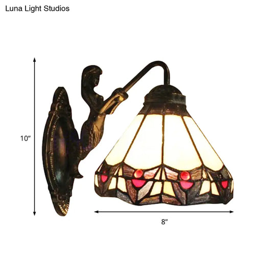 Beige Glass Cone Wall Light Tiffany Antique Bronze Sconce For Hallway