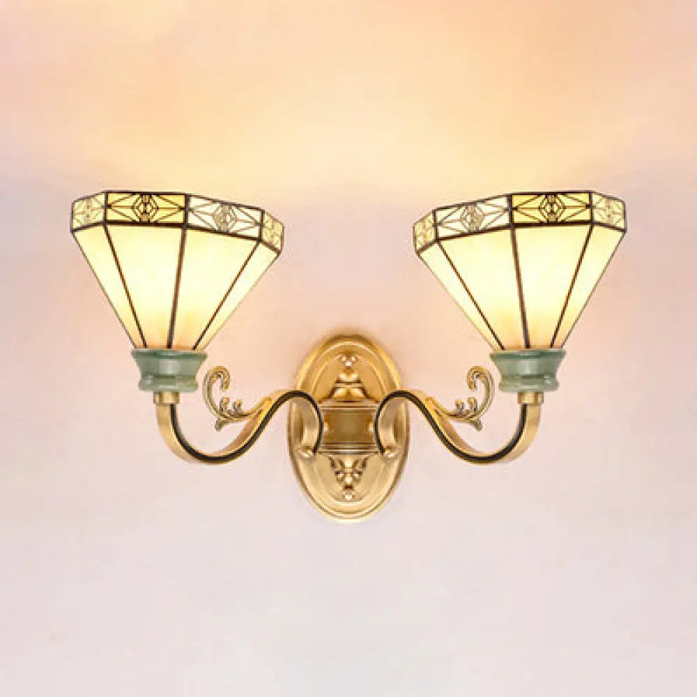 Beige Glass Cone Wall Sconce Lamp - Traditional 2-Head Lighting For Dining Room