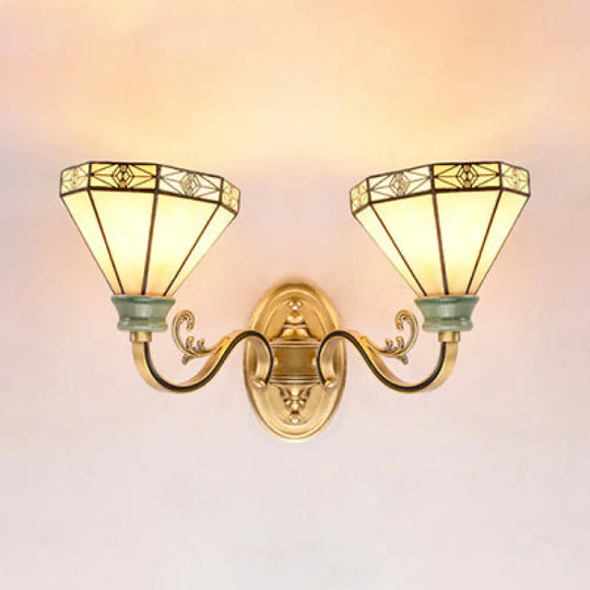 Beige Glass Cone Wall Sconce Lamp - Traditional 2-Head Lighting For Dining Room