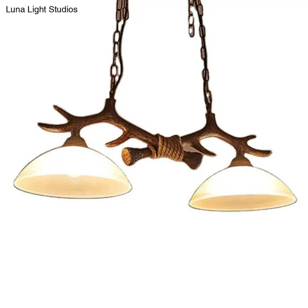 Beige Glass Dark Coffee Pendant Light With Antler Decor - Restaurant Hanging Island (2 Heads)