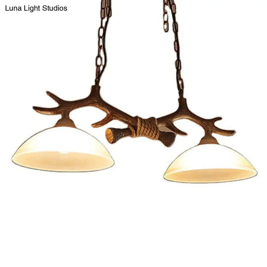 Beige Glass Dark Coffee Pendant Light With Antler Decor - Restaurant Hanging Island (2 Heads)