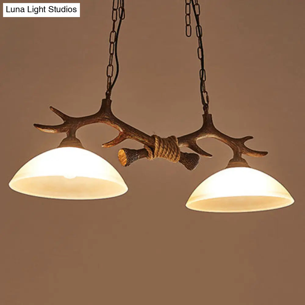 Beige Glass Dark Coffee Pendant Light With Antler Decor - Restaurant Hanging Island (2 Heads)