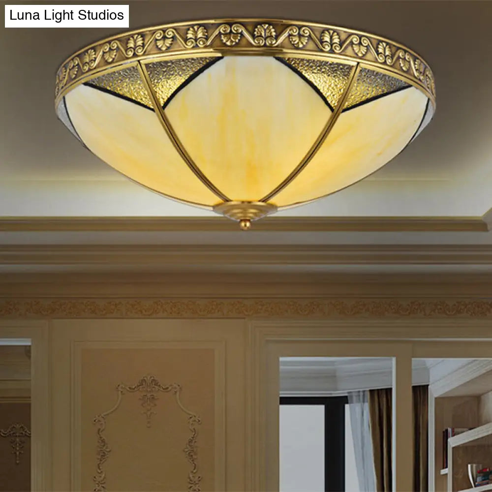 Beige Glass Flush Mount Brass Dome Ceiling Lamp - Perfect For Rural Living Room Lighting