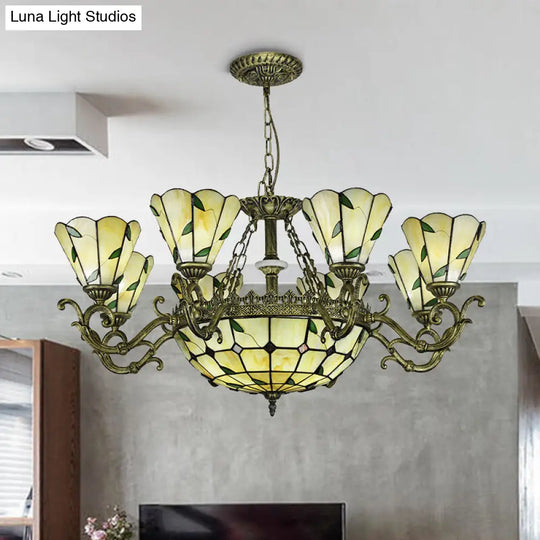 Baroque Suspension Chandelier With Beige Glass And Green Leaf Design - 5/9/11 Lights Ideal For