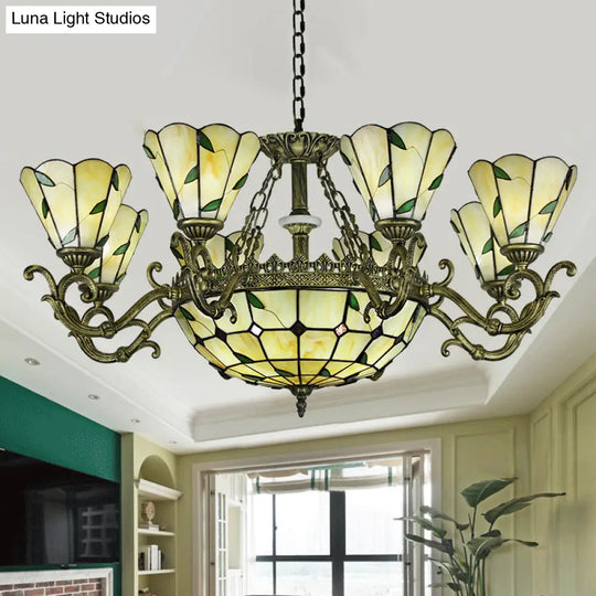 Beige Glass Green Chandelier: Leaf Design 5/9/11 Lights Baroque Style Kitchen Lighting Fixture