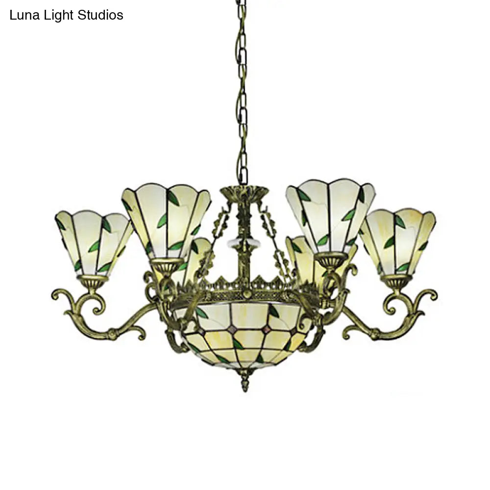 Baroque Suspension Chandelier With Beige Glass And Green Leaf Design - 5/9/11 Lights Ideal For